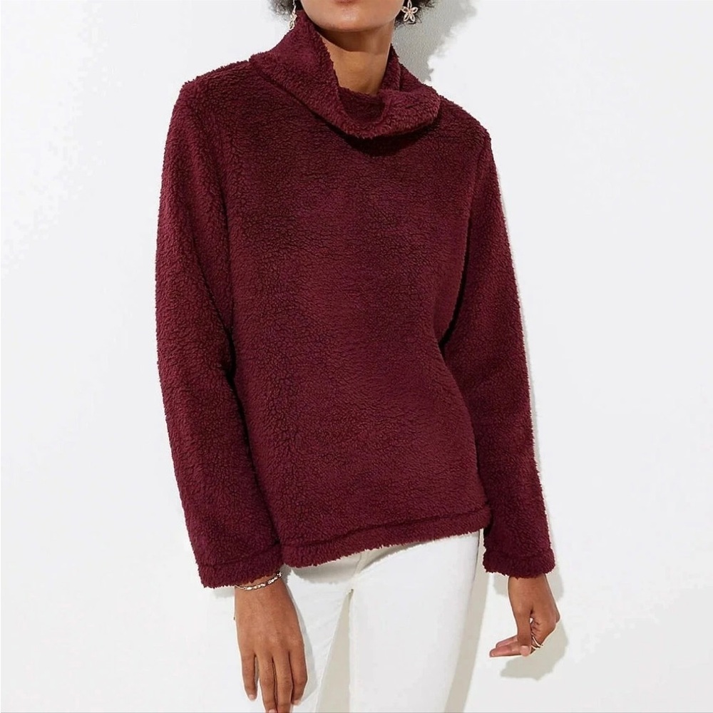 LOFT Fleece Cowl Neck Top Bordeaux Small